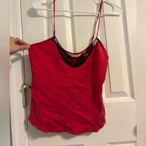 Victoria's Secret Vintage 100% Silk Red Camisole with Black Lace Trim